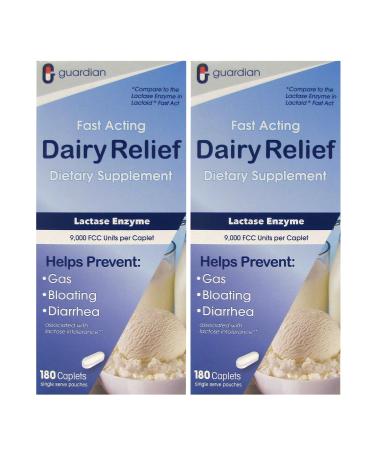 Guardian Dairy Relief Fast Acting Lactase 360 Caplets 9000 FCC Maximum Strength Lactose Intolerance Pills Lactase Enzyme Supplement (360 CT) 180 Count (Pack of 2)