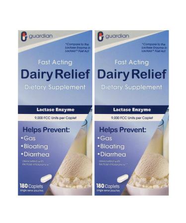 Guardian Dairy Relief Fast Acting Lactase 360 Caplets 9000 FCC Maximum Strength Lactose Intolerance Pills Lactase Enzyme Supplement (360 CT) 180 Count (Pack of 2) - Buy Online on GoSupps.com