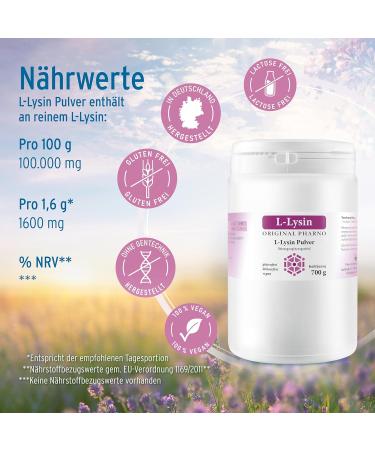  Original Pharno L-Lysine Powder 700g - 100% Pure Lysine Essential Amino Acid Highly Dosed Vegan Good Solubility & Tasteless - For Drinks & Smoothies Without Additives - Original Pharno - Buy Online on GoSupps.com