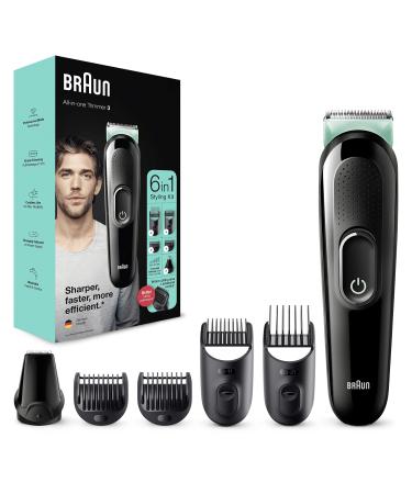 Braun 6-in-1 All-In-One Series 3 Male Grooming Kit With Beard Trimmer Hair Clippers & Precision Trimmer 5 Attachments Gifts For Men UK 2 Pin Plug MGK3221 Black/Volt Green