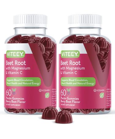 Beet Root Gummies with Magnesium & Vitamin C - Supports Healthy Circulation & Blood Pressure - Energy & Nitric Oxide Booster, Dietary Supplement & Immune Health - Berry Beet Flavor [60 Count 2 Pack]