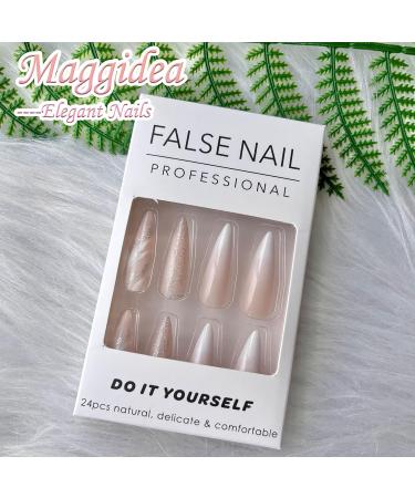 Glitter Pink Extra Long Press on Nails - 24pcs Ballet Fake Nails with Glue Sticker for Women and Girls - Buy Online on GoSupps.com