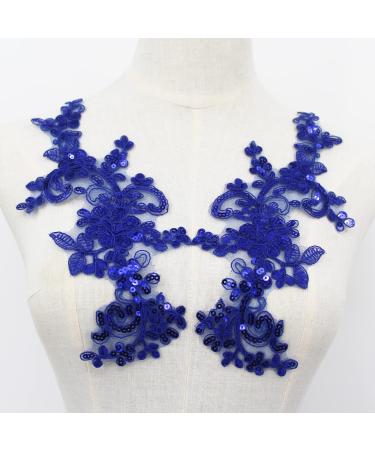 SEMCICOR Pair of Embroidery Sequin Lace Applique Fine Lace Fabric Patches Embroidered Trim Applique Motif Wedding Gown Dress Bridal DIY Crafts BLUE