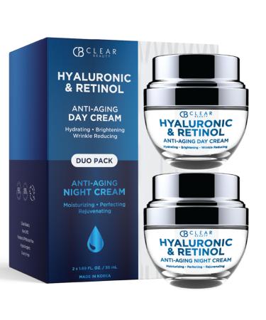 Clear Beauty Hyaluronic Acid & Retinol Face Moisturizer - Dermatologist Tested Anti Aging Korean Skin Care Day And Night Hydration Smooths Fine Lines Firms Skin Vegan Clean Duo Pack Hyaluronic & Retinol (Day & Ni