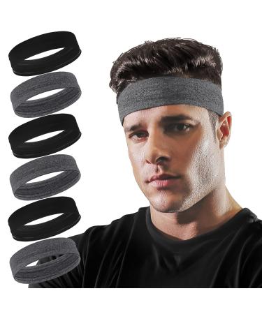 Vsiopy Running Headband for Men Non Slip Workout Sweatbands Adjustable Sports Headbands Moisture Wicking Workout Headbands 3 Black+3 Grey
