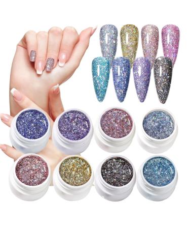 Glitter Gel | Iridescent Gel - 8 Glitter Colors Kit for Nail Care Manicure Pedicure Women's