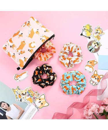 Corgi Dog Hair Scrunchies Set with Makeup Bag & 50 Stickers - Hair Ties, Cosmetic Organizer for Women/Girls - Buy Online on GoSupps.com