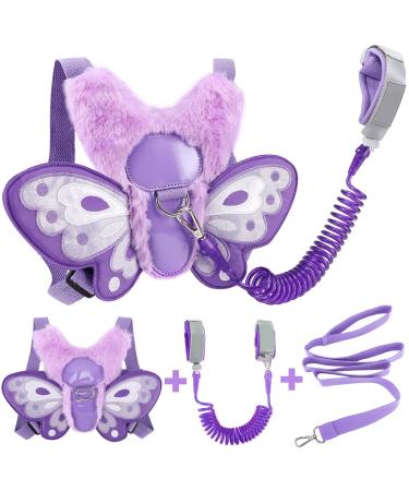 Accmor Toddler Harness Leash + Children Anti Lost Wrist Link, 3 in 1 Purple Butterfly Harnesses Child Leashes, Cute Kids Walking Wristband Assistant Strap Tether for Baby Girls Purple Fuzzy Butterfly