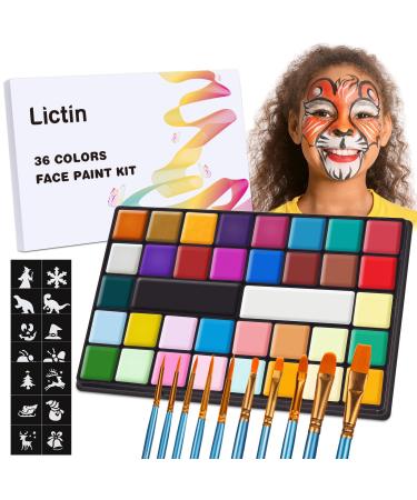 Lictin Face Body Painting Kit 36 Colors Face&Body Paint Kit (20 Classic Colors+8 Metal Colors +8 UV Glow Colors) with 10 Brushes 20PCS Reusable Face Stencils for Kids and Adults Party Makeup
