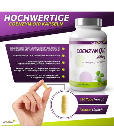 Vita2You Coenzyme Q10 200mg - 120 Capsules - Premium Ubiquinone Supplement - Plant Fermentation - High Dosage for Optimal Health - Buy Online on GoSupps.com