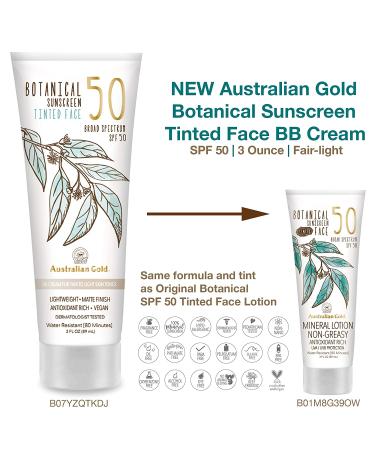 Australian Gold Botanical Sunscreen Tinted Face BB Cream SPF 50 | Fair-Light Mineral Lotion | Vegan & Water Resistant - Buy Online on GoSupps.com