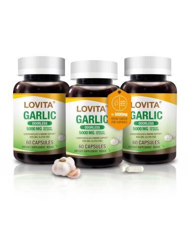 LOVITA Odorless Garlic Capsules 5000mg Fresh Garlic Equivalent 1.25% Allicin Extract Supports Heart Blood Pressure Cholesterol & Immune System Non-GMO Gluten-Free 180 Vegan Capsules