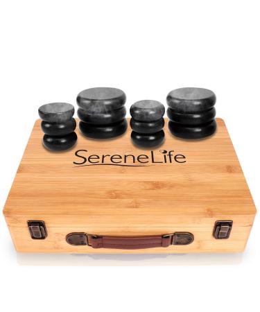 Massage Stone Heater Box Set-Electric Spa Portable Heated Rocks Massage Stones and Warmer Set - Heat Rock Massaging Kit 12 Large/Small Black Stone Set w/Bamboo Heating Case-SereneLife PSLMSGST65.5