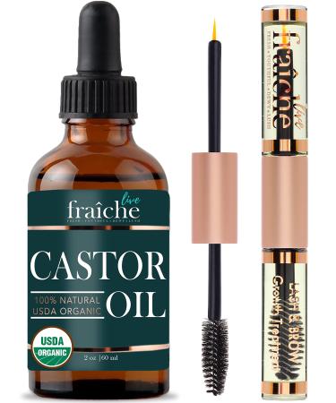 Castor Oil (2oz) + Filled Mascara Tube USDA Certified Organic, 100% Pure, Cold Pressed, Hexane Free by Live Fraiche. Stimulate Growth for Eyelashes, Eyebrows, Hair. Lash Growth Serum. Brow Treatment