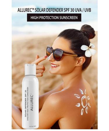 ALLUREC SPF 30 Solar Defender: High Protection Sunscreen Lotion for Face & Body - Waterproof, Unscented, Non-Greasy - For Women, Men, Kids & Sensitive Skin - Buy Online on GoSupps.com