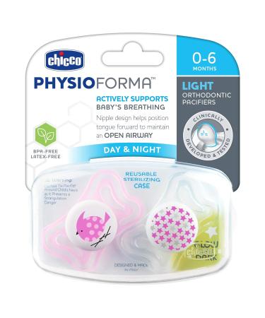 Chicco PhysioForma Light Day & Night Glow In Dark Pacifier 0-6m Pink - 2 Count Orthodontic Nipple BPA-Free - Buy Online on GoSupps.com