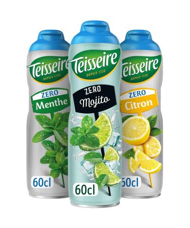 Set of 3 Teisseire Zero Sugar Syrups (Mint, Mojito, Lemon) for Refreshing Drink, Cocktails, Recyclable Bottle 3 x 60 cl