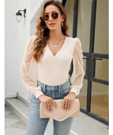 Fayenne Womens Tops Deep V Neck Cross Wrap Sexy Tops Polka Dot Mesh Long Sleeve T Shirt Casual Blouses XL Beige - Buy Online on GoSupps.com