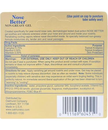 OAKHURST COMPANY Nose Better Nasal Gel Ointment Original Non Greasy Formula Nasal Gel That Moisturizes Dry Nose, Tender Skin, Nostrils and Nasal Passages - Buy Online on GoSupps.com