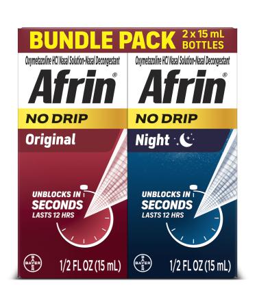 Afrin No Drip Original + Night Nasal Mist Bundle Pack Non-Drowsy Fast-Acting Decongestant for Nasal Congestion and Sinus Pressure Relief Adults and Children 6 and Older .5 fl oz (Pack of 2)