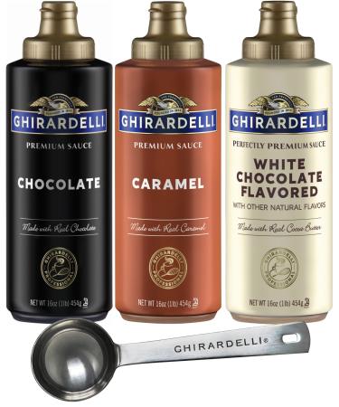 Ghirardelli Chocolate Sauce, White Chocolate Flavored Sauce, Caramel Sauce 16 oz Squeeze Bottles (Pack of 3) with Ghirardelli Stamped Barista Spoon