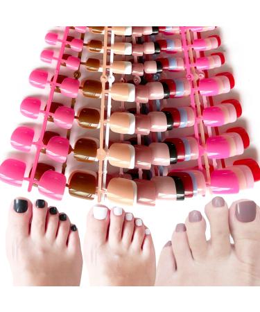 AddFavor 14 Colors Press on Toenails Square Full Cover Short False Toe Nails 12 Sizes Glossy Fake Toenails for Women and Girls