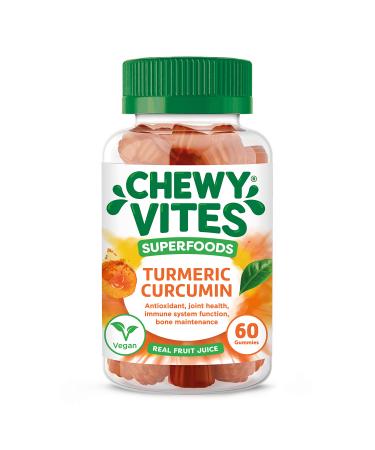 Chewy Vites Adults Superfoods Turmeric | 60 Gummy Vitamins | 300 mg Turmeric per serving | 100 Percent RI Vitamin C| Real Fruit Juice | Vegan Turmeric Gummies