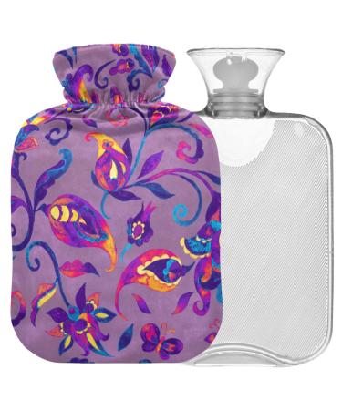 NAANLE hot water bottle with cover paisley watercolor flower pattern transparent hot water bottle heat bottle for relieving back pain handfoot warmers neck-hot and cold therapy 2 L