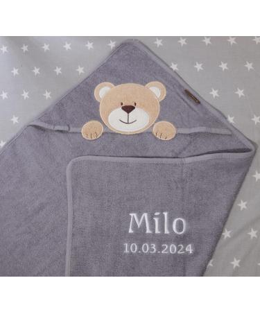 Hooded Towel with Embroidered Name - 100% Cotton Teddy Bear Design | 76x76 cm | Perfect Gift for Kids - Gray - Buy Online on GoSupps.com