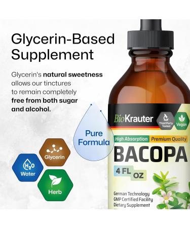 BIO KRAUTER Bacopa Monnieri - Liquid Drops Bacopa Extract (Brahmi Powder) 650 mg per Serving 4 Fl.Oz 56-Day Supply - Pure Vegan Brain Supplement Supports Calm Focus & Memory - Alcohol & Sugar Free 4 Fl Oz (Pack of 1) - Buy Online on GoSupps.com