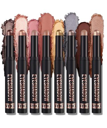 Eyeshadow Stick Metallic Shimmer Cream Eyeshadow Pencil Eye Brightener Stick Smoky Eye Shadow Pen Waterproof Highlighter Makeup Stick For Girls Women Sparkling Eye Makeup (8 Colors Setb)