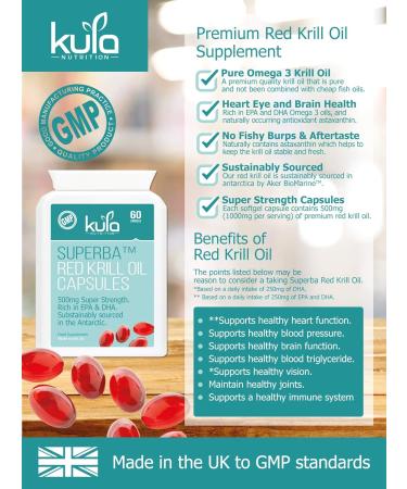 Kula Nutrition Max Strength Red Krill Oil Capsules - 1000mg per Serving - 60x 500mg Softgels - Astaxanthin EPA DHA Omega 3 for Heart, Blood Pressure, Vision, Brain Health - 1 Month Supply - Buy Online on GoSupps.com