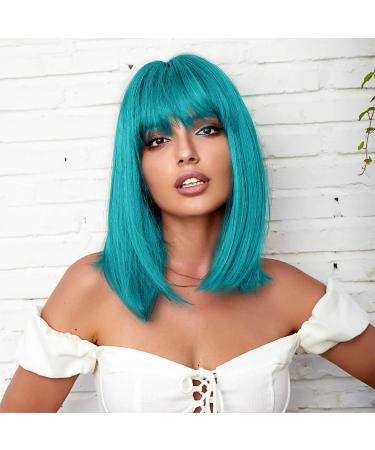 WIGER Teal Blue Bob Wig Bluish Green Short Bob Wigs with Bangs Straight Bob Wig Synthetic Bob Hair No Lace Full Wigs for Women Cosplay or Party 0 Teal Blue