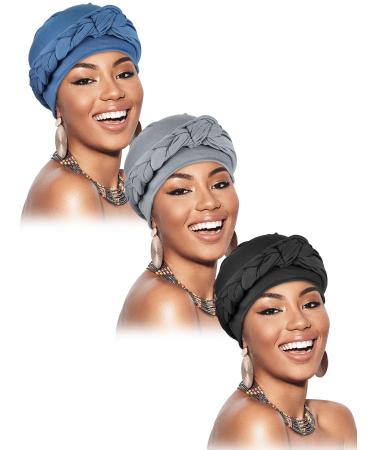 3 Pieces Head Wrap Turban Headwear Pre-Tied Twisted Braid Hair Cover Headwrap Hats for Women Girls Black, Gray, Light Blue Class Style