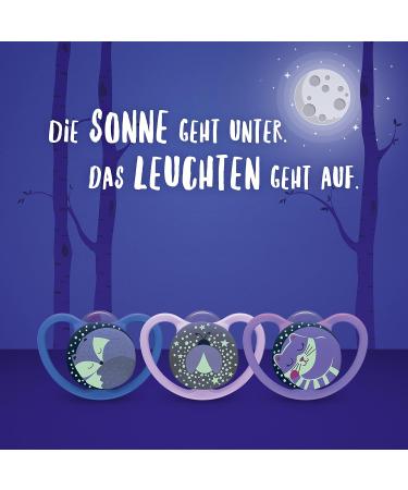 Nuk Space Night Pacifier | 18-36 Months | BPA-Free Silicone with Light & Ventilation | 2-Pack Purple Cat & Fireflies - Buy Online on GoSupps.com