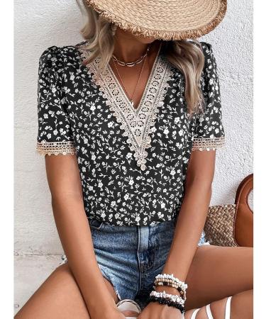 Naroote Womens Blouse Easy Matching Womens T Shirt Casual Lace Stitching Casual V-Neck for Beach XX-Large Black - Buy Online on GoSupps.com