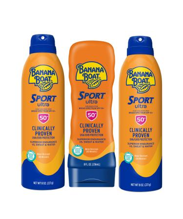 Banana Boat Sport Ultra SPF 50 Sunscreen Triple Pack | Includes 2 Sunscreen Sprays & 1 Lotion SPF 50 Sunblock Water Resistant Oxybenzone-Free 8oz each (Pack of 3)