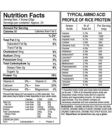 Growing Naturals Organic Vanilla Pure Rice Protein Powder - 1lb Pack - Non-GMO, Vegan, Gluten-Free, Keto-Friendly, Shelf-Stable - Buy Online on GoSupps.com