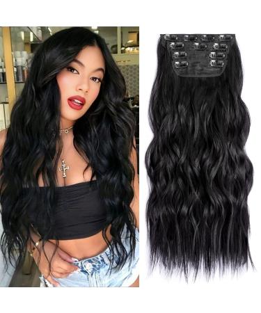 Einaey Clip in Hair Extensions, 4PCS Natural Black Hair Extensions for Women Full Head, 20 Inch Long Wavy Fiber Thick Double Weft Hairpieces(Black, 20 Inch) Black 20 Inch