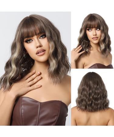 Oefei short mixed brown wig with pony natural wavy wigs for women natural synthetic hair heat-resistant wigs for daily party cosplay wear mixed brown (2165-1)