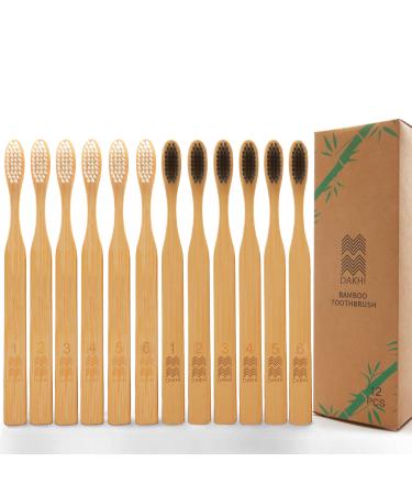 DAKHI Biodegradable Bamboo Toothbrushes (12 Pack) | Eco Friendly & Compostable | Natural Bamboo Toothbrush | BPA Free Soft Bristles | Disposable Toothbrush | Wooden Handle Tooth Brush Bulk