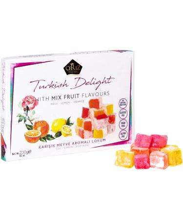 Cerez Pazari Turkish Delight with Rose, Orange and Lemon Mix Flavours 8.1 Oz Gourmet Small Size Snacks Gift Box | No Nuts Sweet Luxury Traditional Confectionery Vegan Soft Candy Dessert Glucose Free Lokum (Loukoumi) Approx