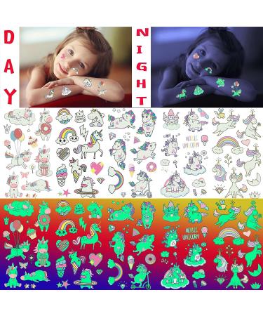 Bilizar Unicorn Glow in The Dark Temporary Tattoos - 15 Sheets | Luminous Waterproof Fake Tattoo Stickers for Kids | Fun & Cute Designs | Birthday Party Favor - Buy Online on GoSupps.com