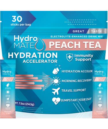 HydroMATE Electrolytes Powder Packets Drink Mix Low Sugar Hydration Accelerator Fast Hangover Party Recovery with Vitamin C Peach Iced Tea 30 Sticks 30 Count (Pack of 1)