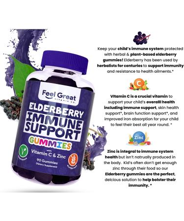 Feel Great Vitamin Co. Elderberry Gummies for Kids | Vegan Immune Support | Gluten Free with Zinc & Vitamin C | 90 Gummies - Buy Online on GoSupps.com