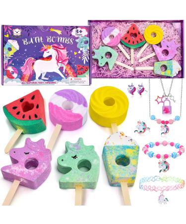 Tacobear Kids Bath Bombs for Girls with Unicorn Necklace Bracelet Rings Jewelry Toys Natural Organic Handmade Bubble Bath Fizz Spa Bath Set for Birthday Children's Day Gifts