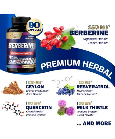 Cadane Berberine Supplement with Ceylon Cinnamon Quercetin Resveratrol Milk Thistle Grape Seed and Black Pepper - 3-Month Supply for 90 Capsules - Buy Online on GoSupps.com