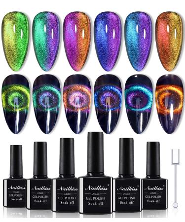 NAILKISS 9D Cat Eye Nail Gel Polish Magnetic Cat Eye Gel Nail Polish Magnetic Gel Nail Polish with Holographic Magic Galaxy Chameleon Effect Soak Off UV Gel Nail Polish with Magnetic Stick-6PCS