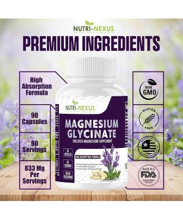 Magnesium Glycinate 833mg - 90 Vegan Capsules | Gluten Free High Absorption Chelated Magnesium Glycinate for Sleep Muscle Heart Metabolism Support | - Buy Online on GoSupps.com