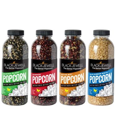 Black Jewell Hulless Popcorn, Variety Pack with Original Black, Crimson, Native Mix, Blue Ribbon White Kernels for Popping. Pops White, Non-GMO, All Natural Snack with Antioxidants, Whole Grain, Gluten Free, Gourmet, Vegan, 15oz (Pack of 4) Variety 15 Oun